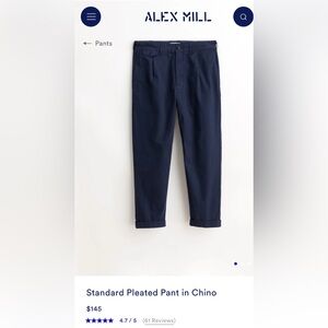 Alex mill standard pleated pant in chino, dark navy, size 32, reg length